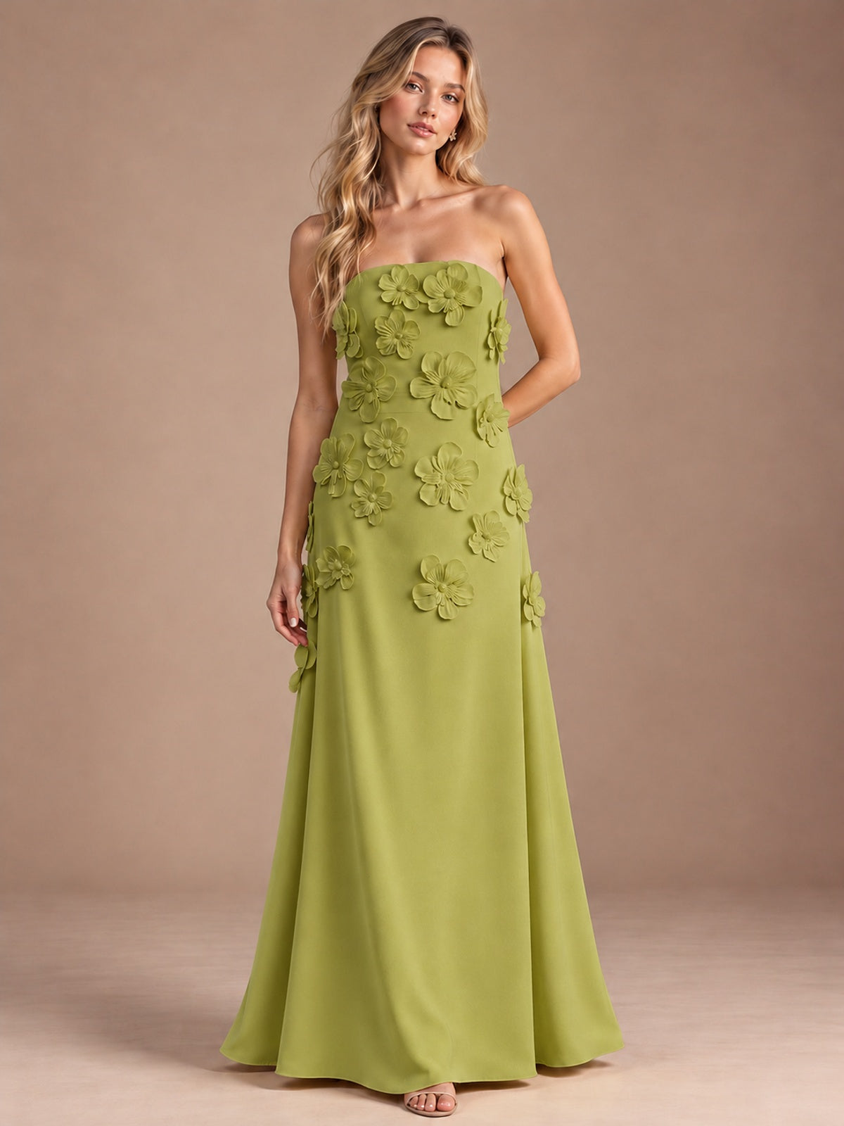 Chartreuse-Strapless 3D Floral A-line Satin Prom Maxi Dress Formal Evening Gown