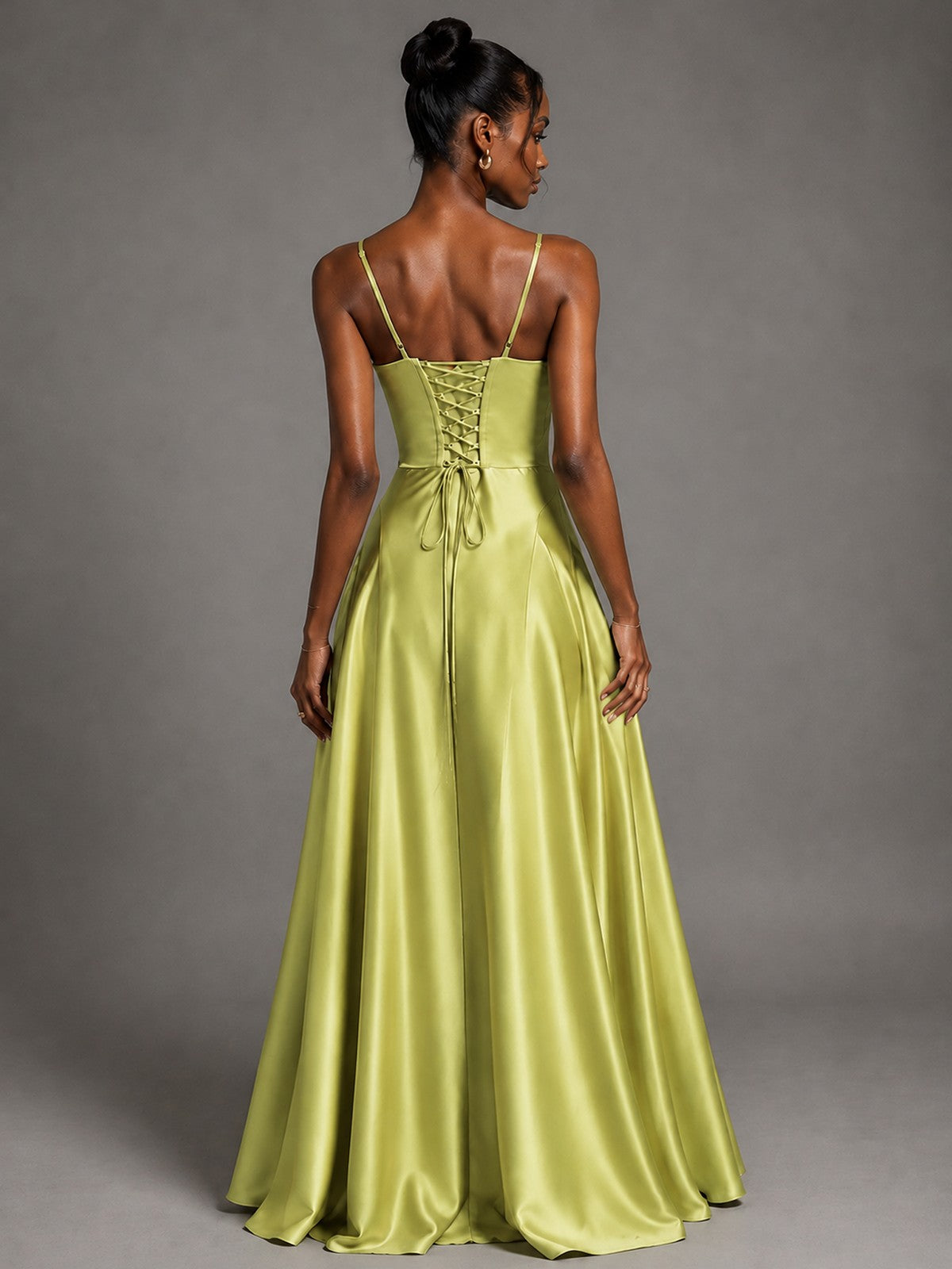 Lavender V Neck Satin Prom Dress with Spaghetti Straps