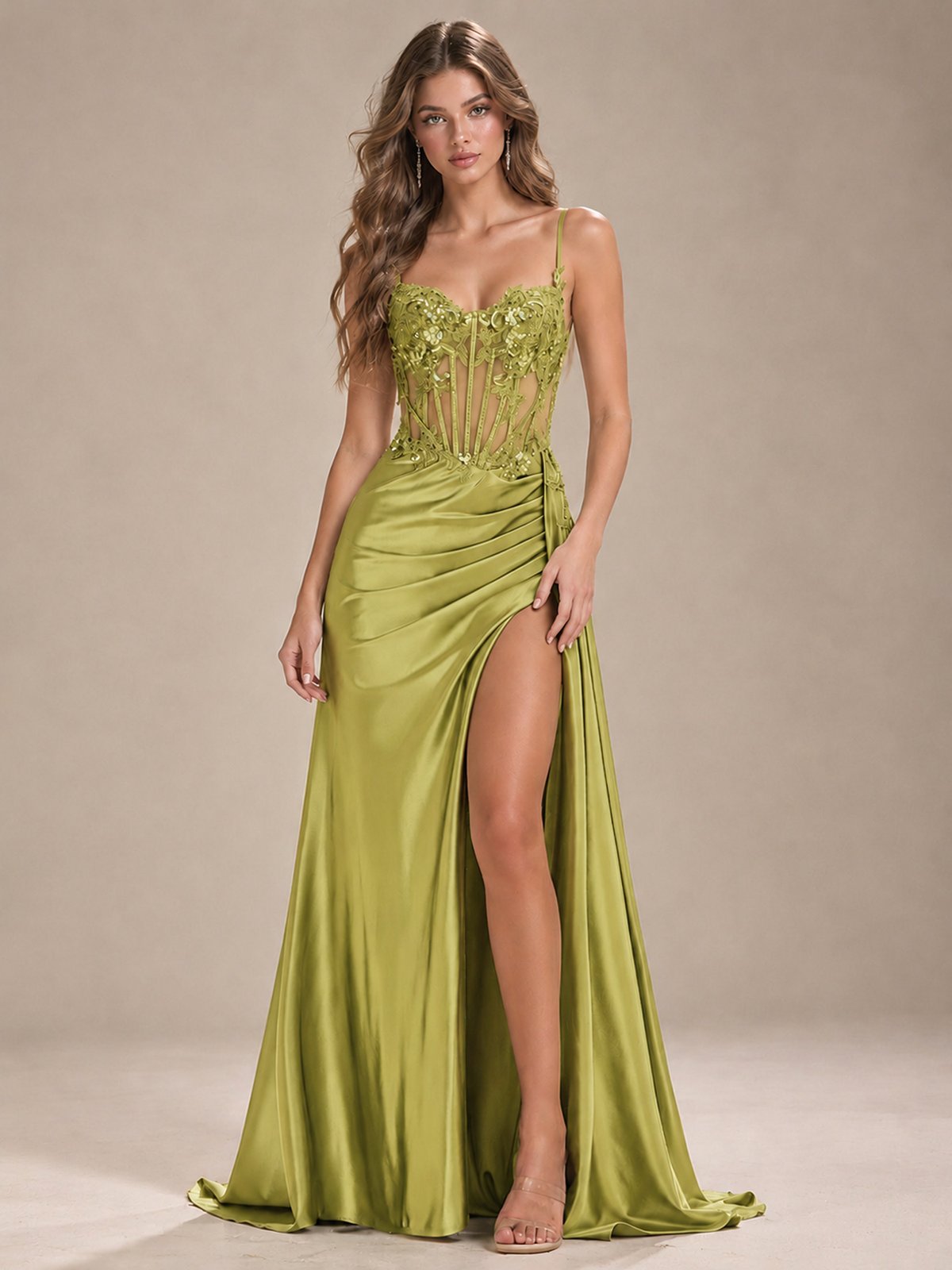 Mermaid Satin Prom Dress with Floral Appliqué Corset and High Slit
