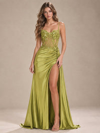 Mermaid Satin Prom Dress with Floral Appliqué Corset and High Slit
