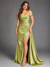 Off Shoulder Satin Maxi Dress with Slit