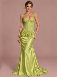 Chartreuse Sparkling Halter Corset Satin Mermaid Prom Dress Long Ruched Sequin Formal Gown Evening Party Dress