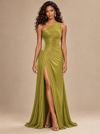 Burgundy One Shoulder Ruched Prom Dress with High Slit & Beaded Waist