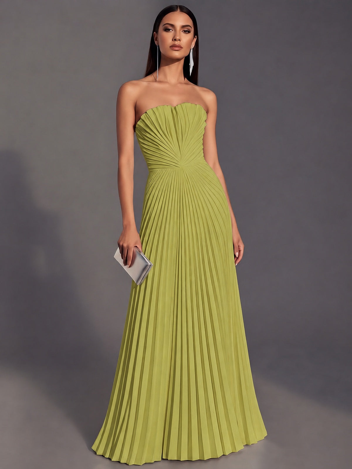 Chartreuse Strapless Pleated Satin Prom Dress Long Formal Gown Evening Dress