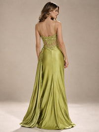 Mermaid Satin Prom Dress with Floral Appliqué Corset and High Slit