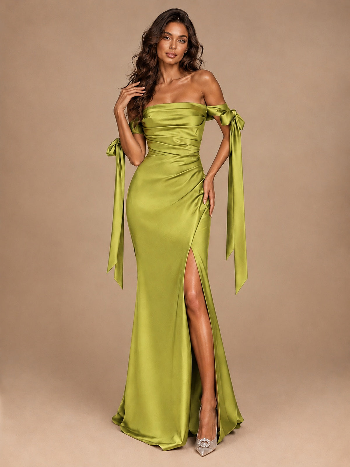 Off The Shuolder Satin Prom Dress Slit Mermaid Formal Gowns