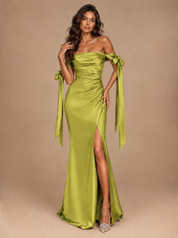 Off The Shuolder Satin Prom Dress Slit Mermaid Formal Gowns