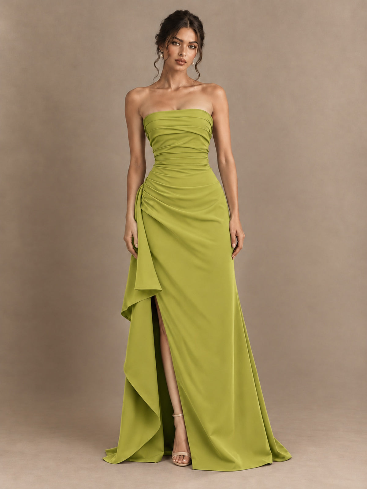 Black and White Strapless Ruched Prom Dress with High Slit & Side Drape