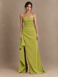 Black and White Strapless Ruched Prom Dress with High Slit & Side Drape