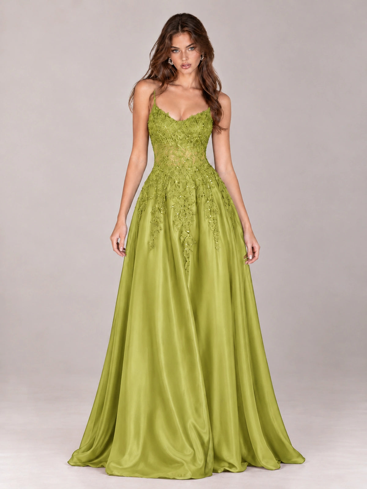 Lace Applique Satin A-Line Prom Dress with Sheer Bodice