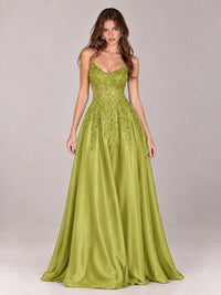 Lace Applique Satin A-Line Prom Dress with Sheer Bodice