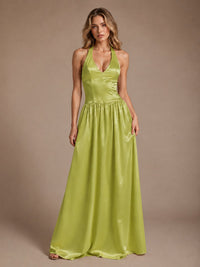 Pink V Neck Halter Satin Maxi Dress