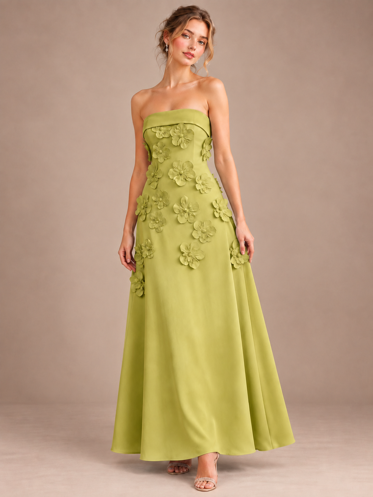 Chartreuse Strapless 3D Floral Appliques Maxi Dress