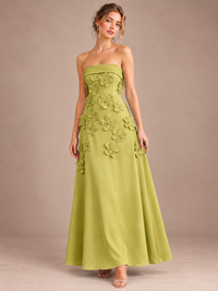 Chartreuse Strapless 3D Floral Appliques Maxi Dress