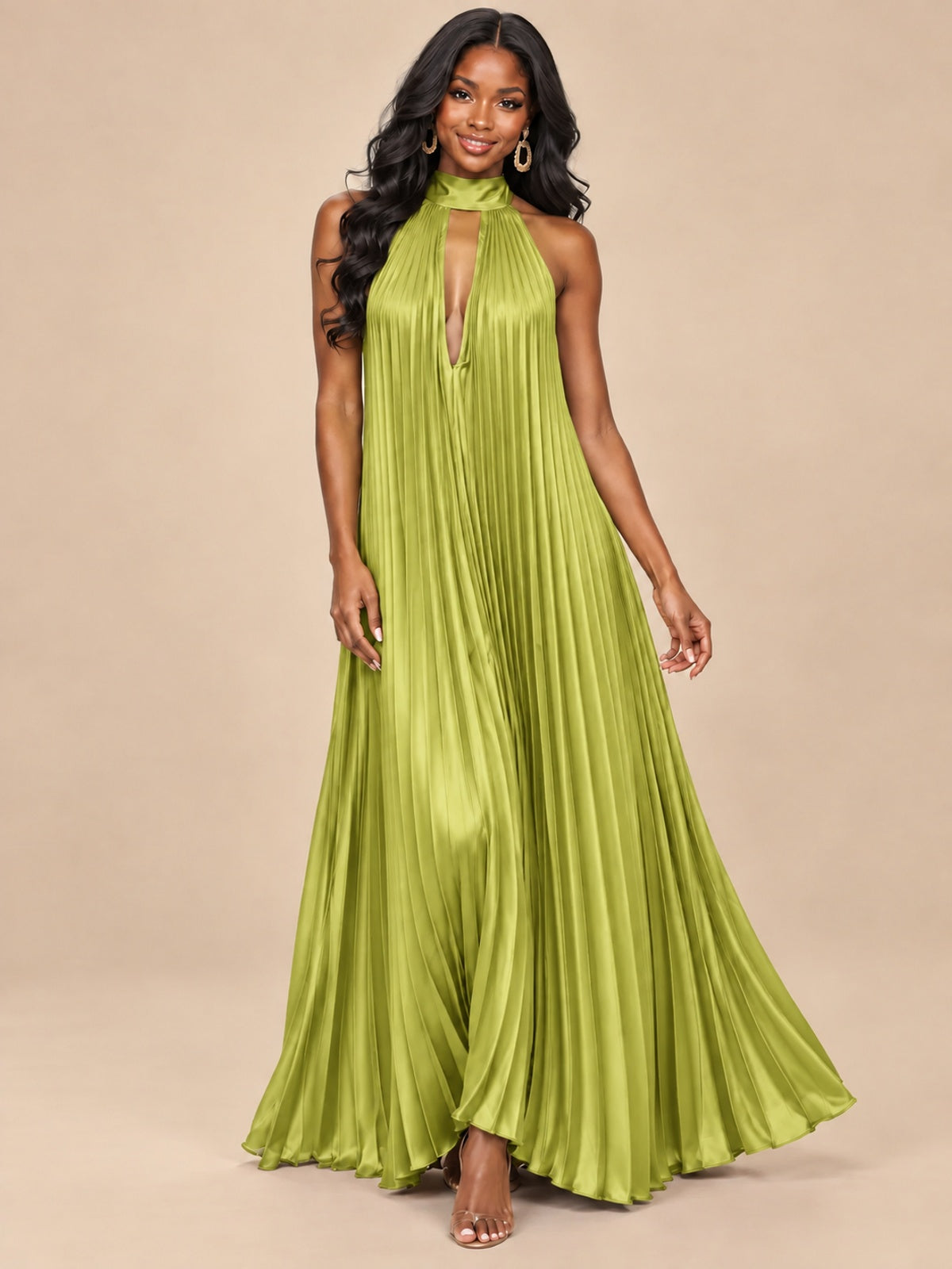 Rust Orange Pleated Halter Neck Maxi Dress