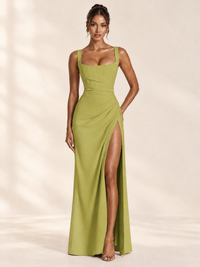 Square Neck Satin Sleeveless Ruched Prom Dress with High Slit