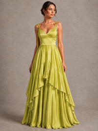 Lavender Satin V-Neck Ruffle Maxi Dress