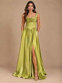 Cowl Neck Pleated Satin Prom Dress with Pockets & Slit Maxi Formal Gowns