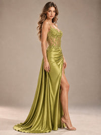 Mermaid Satin Prom Dress with Floral Appliqué Corset and High Slit