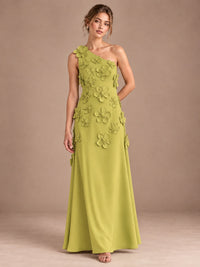 Chartreuse- One Shoulder Satin Formal Maxi Dress with 3D Floral