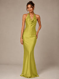 Olive Green Halter Satin Mermaid Maxi Dress