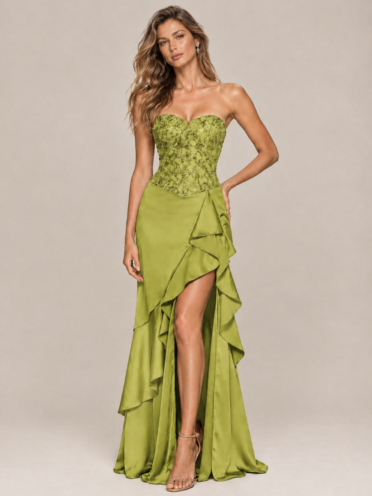 Strapless Lace Appliques Corset Satin Prom Dress Ruffle Slit Evening Gown