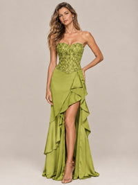 Strapless Lace Appliques Corset Satin Prom Dress Ruffle Slit Evening Gown