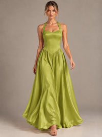 Light Yellow Halter Neck Satin A-Line Maxi Dress with Pockets