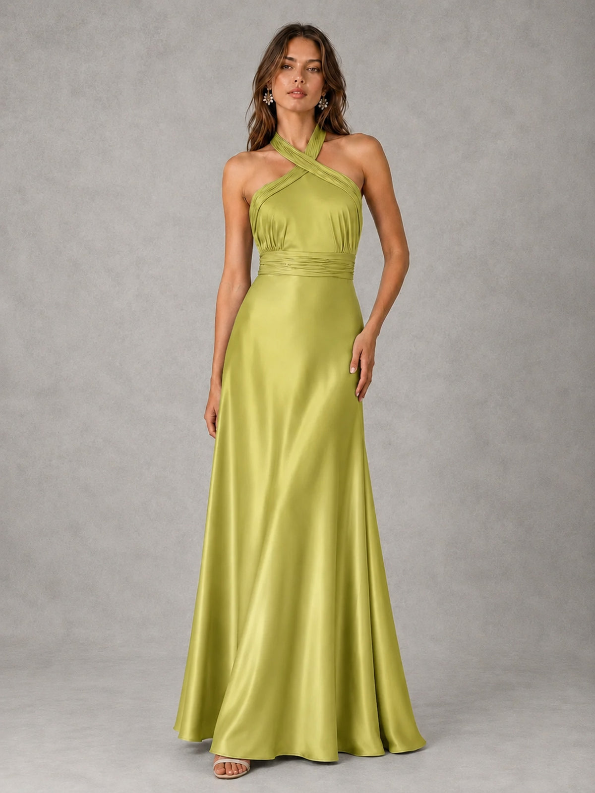 Sage Green Satin A-Line Bridesmaid Dress with Halter Neck