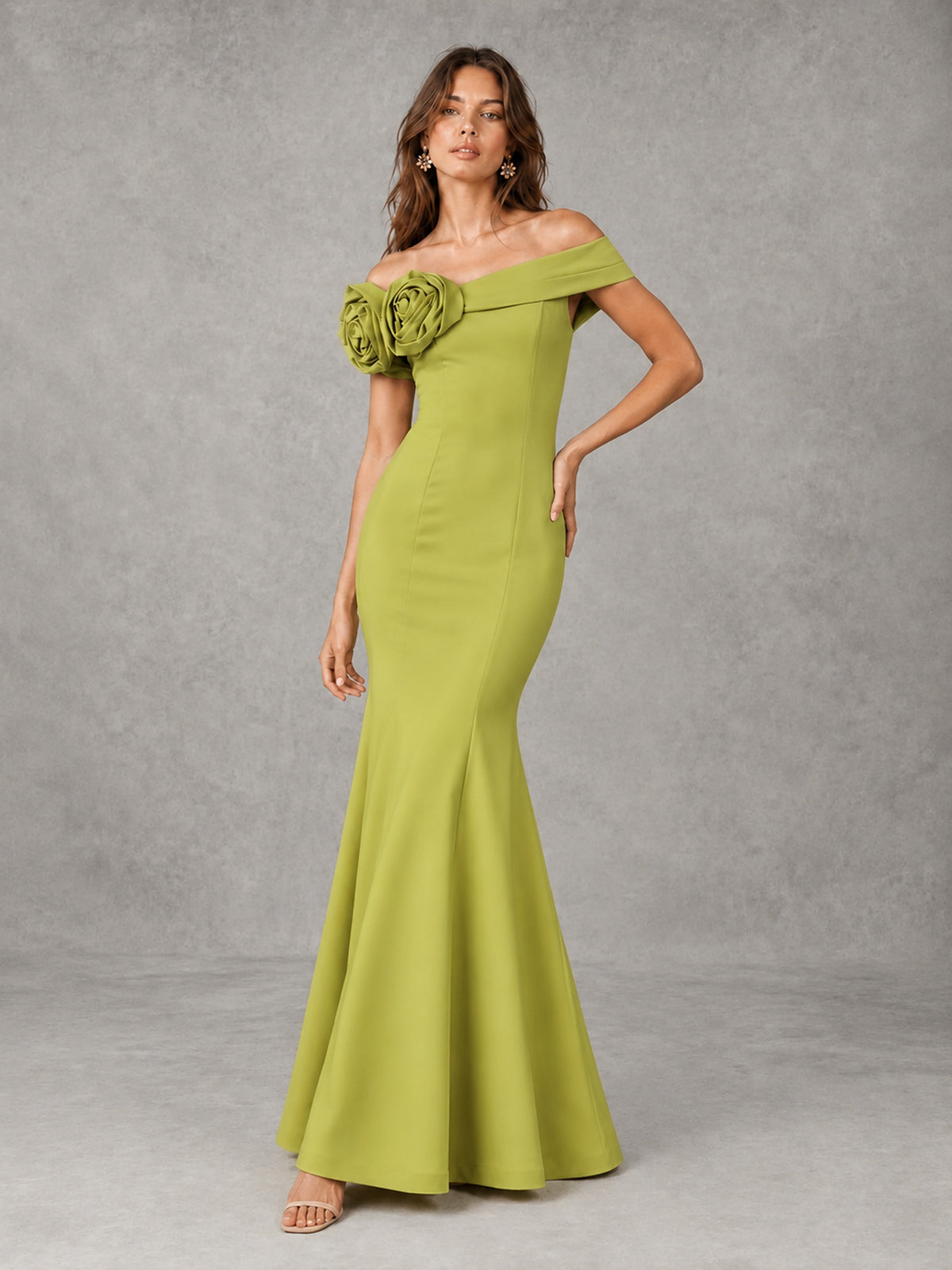 Blush Pink Off Shoulder Mermaid Bridesmaid Dress with Floral Rosette