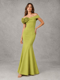 Blush Pink Off Shoulder Mermaid Bridesmaid Dress with Floral Rosette