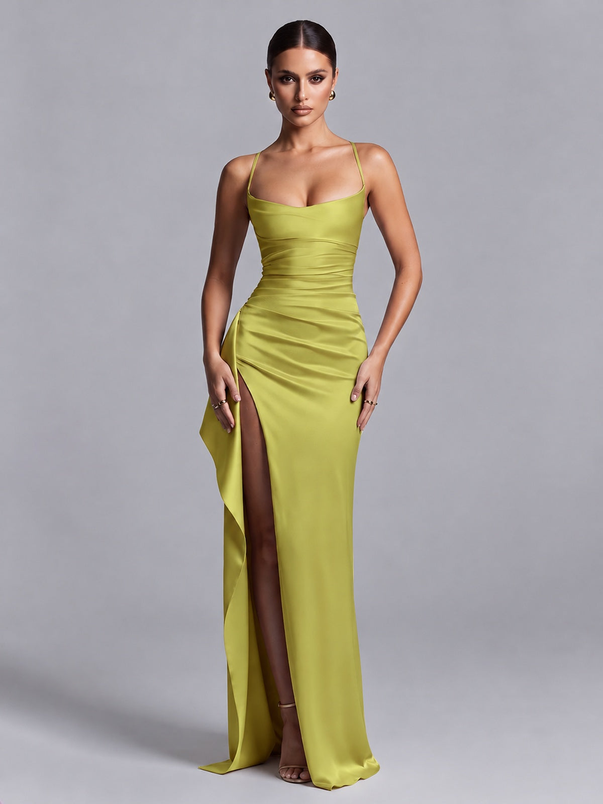 Chartreuse Squre Neck Pleated Satin Prom Dresses for Teens Women Long Evening Formal Gown with Slit Ruffles