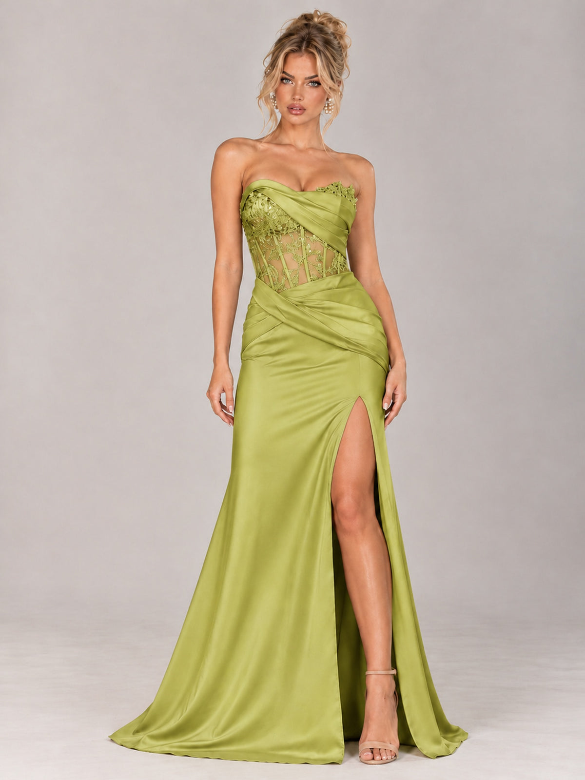 Strapless Satin Prom Dress with Sheer Lace Corset & High Slit