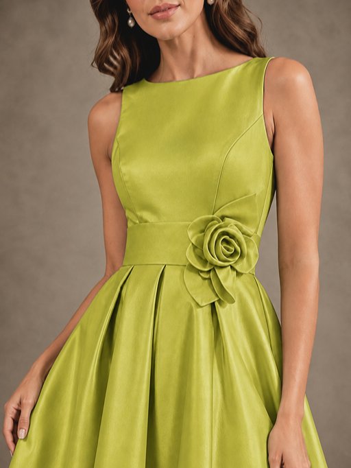 Tea-Length Satin Mother of the Bride Dress with 3D Flower Detail