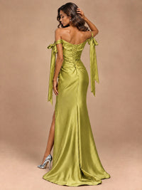 Off The Shuolder Satin Prom Dress Slit Mermaid Formal Gowns