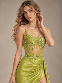 Mermaid Satin Prom Dress with Floral Appliqué Corset and High Slit