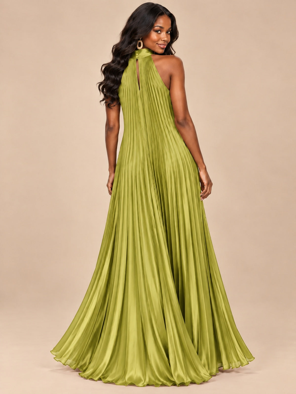 Rust Orange Pleated Halter Neck Maxi Dress