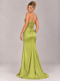 Strapless Satin Prom Dress with Sheer Lace Corset & High Slit