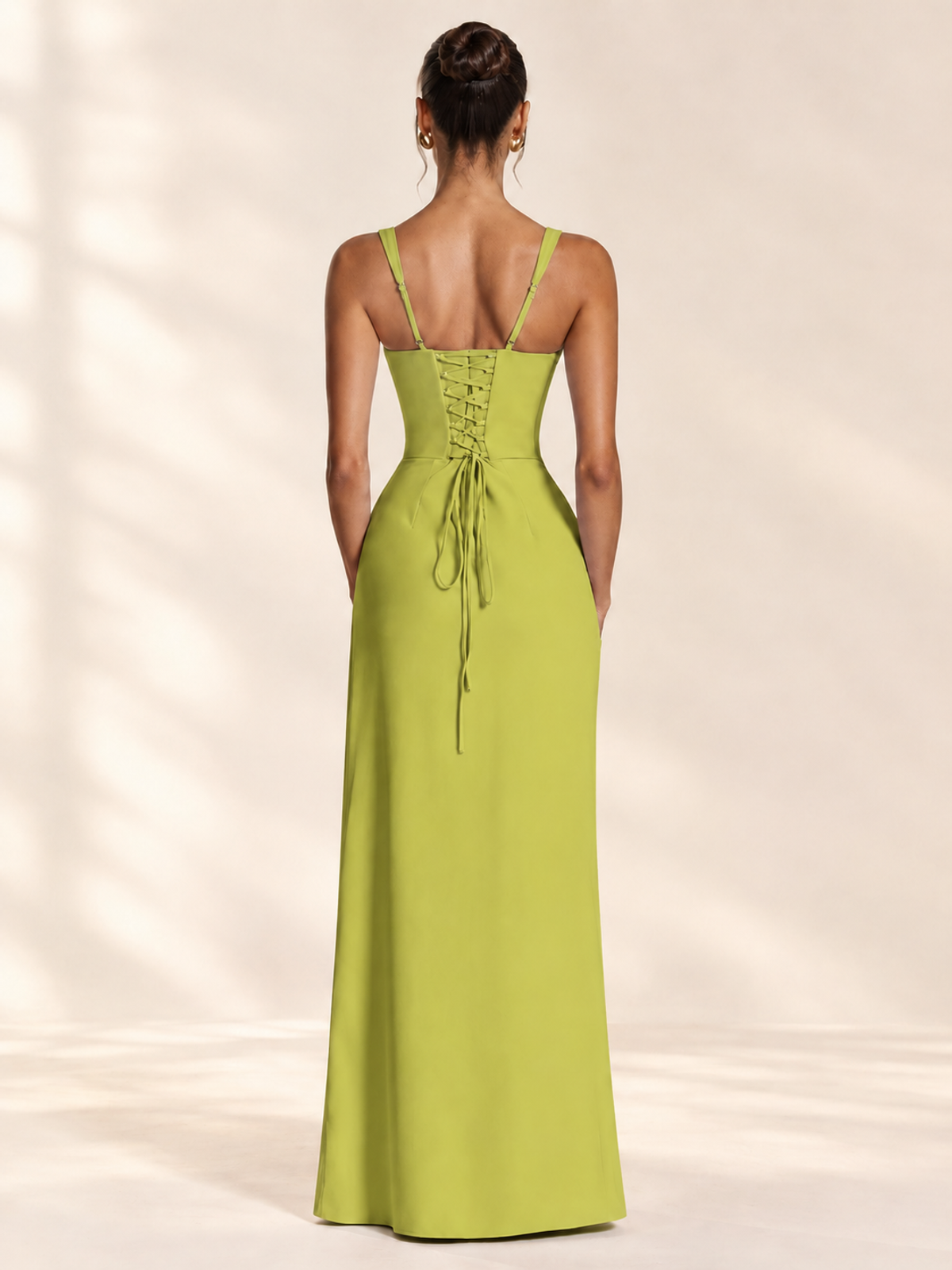 Square Neck Satin Sleeveless Ruched Prom Dress with High Slit