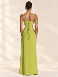 Square Neck Satin Sleeveless Ruched Prom Dress with High Slit