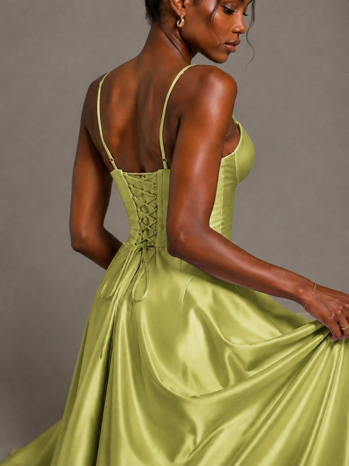 Lavender V Neck Satin Prom Dress with Spaghetti Straps