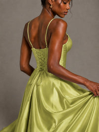 Lavender V Neck Satin Prom Dress with Spaghetti Straps
