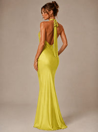 Olive Green Halter Satin Mermaid Maxi Dress