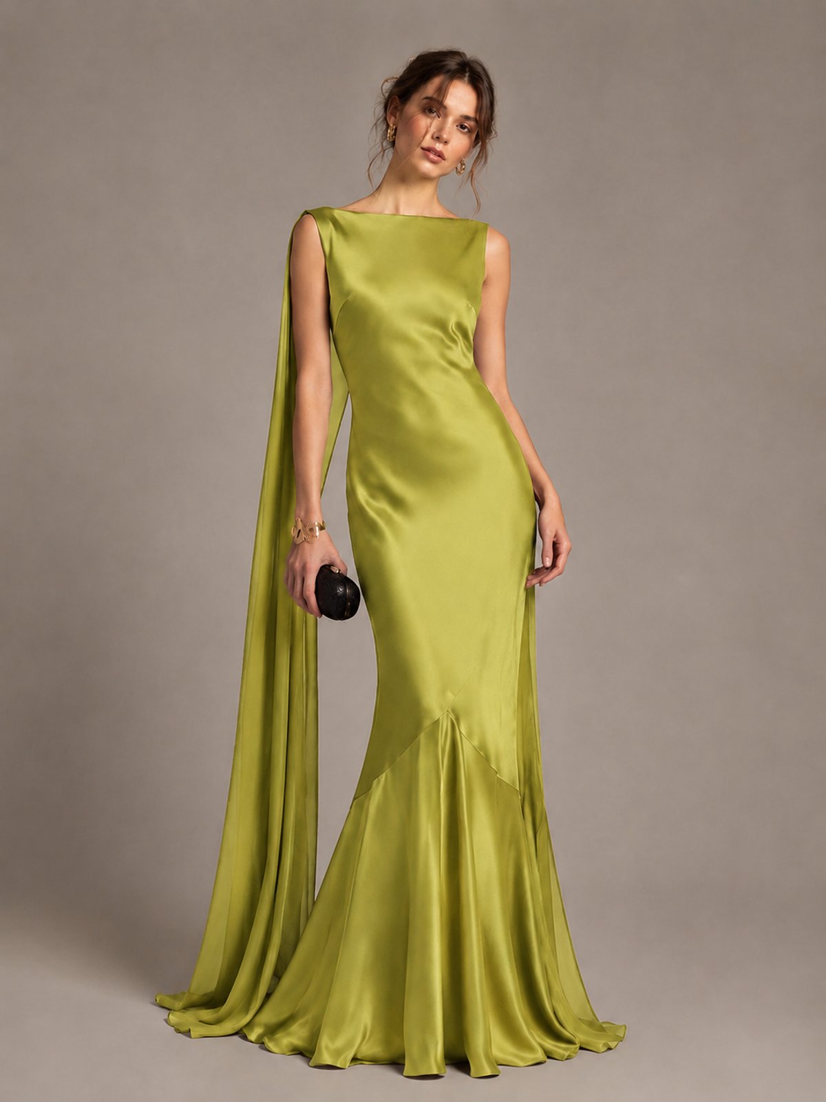 Burgundy Satin Mermaid Cape Maxi Dress