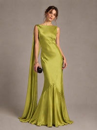 Burgundy Satin Mermaid Cape Maxi Dress