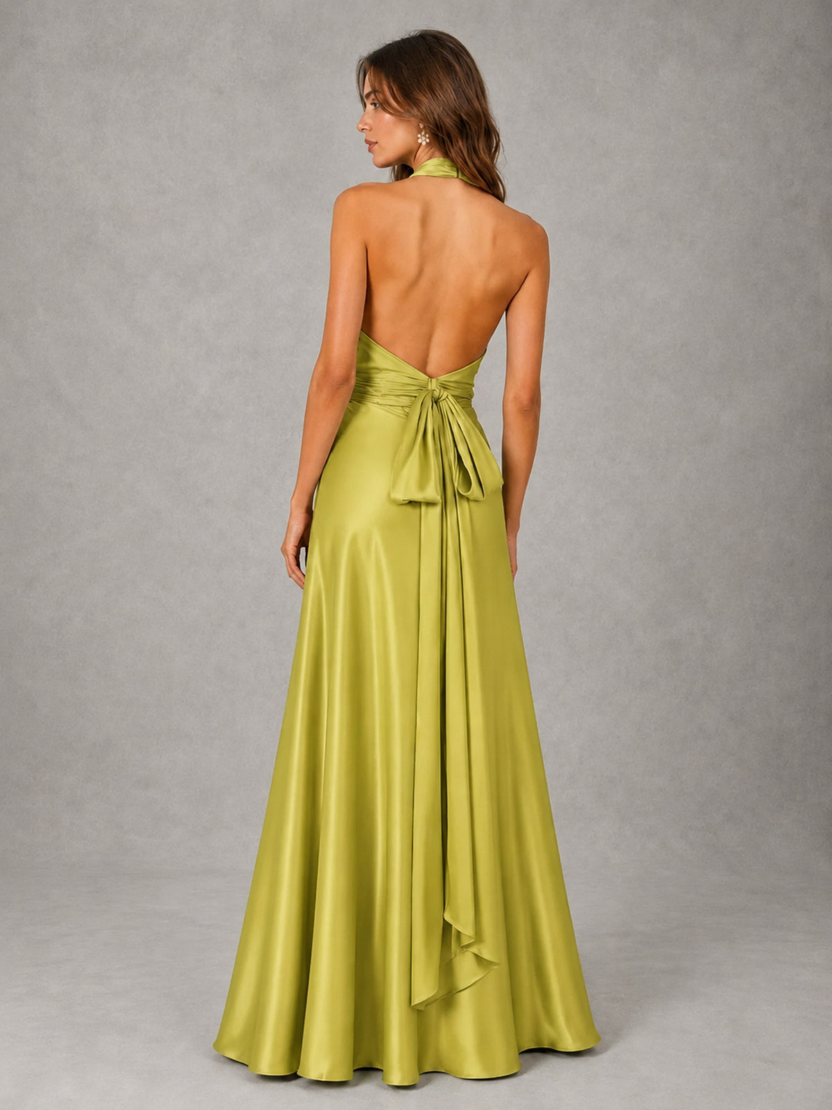 Sage Green Satin A-Line Bridesmaid Dress with Halter Neck