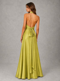 Sage Green Satin A-Line Bridesmaid Dress with Halter Neck