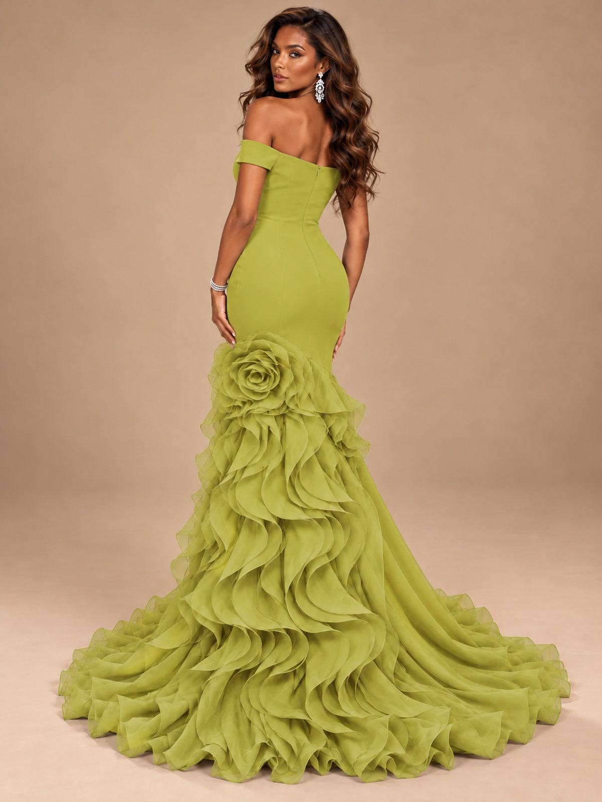 Dusty Blue Off-the-Shoulder Mermaid Prom Dress with 3D Rose & Ruffles
