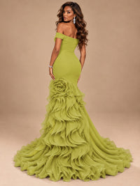 Dusty Blue Off-the-Shoulder Mermaid Prom Dress with 3D Rose & Ruffles