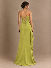 Black and White Strapless Ruched Prom Dress with High Slit & Side Drape